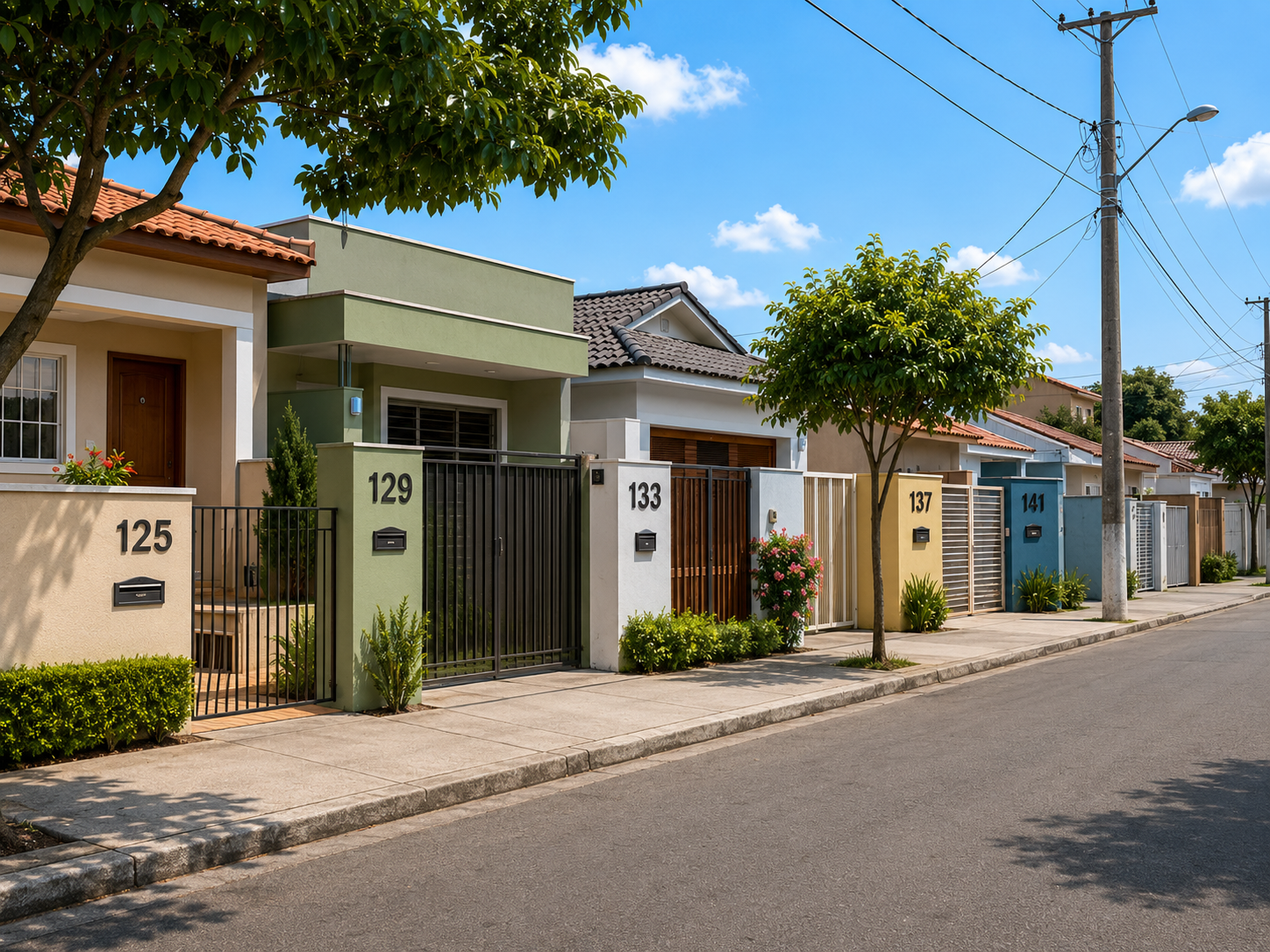 Rua com casas numeradas (125, 129, 133, 137, 141) representando endereços de memória